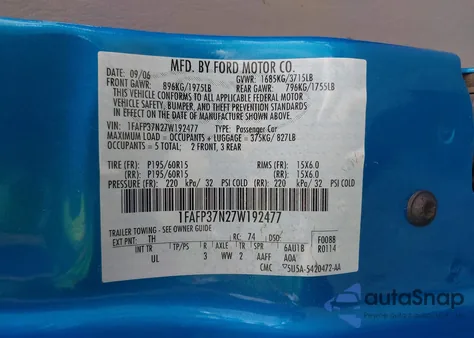 2007 Ford Focus S/Se/Ses from USA, damaged, VIN 1FAFP37N27W192477